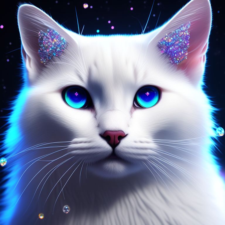 A beautiful white cat covered in lots of sparkling diamonds , HD, Award winning, Black and neon, Glowing neon, Iridescent accents, Character concept art, Hightly detailed textures, Fine details, Intricate details, Beautiful, Big bright eyes, With 2 kittens, Diamond dusting, Small glossy smooth crystal stones, Covered in viscous crystalline rainbow color paint melting downwards