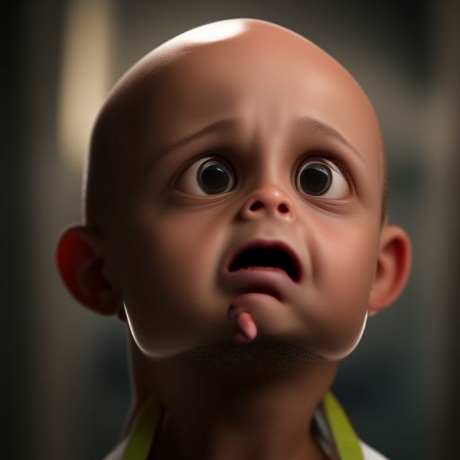A close up of a young bald macrocephalic man with a huge absolutly square head scared with big eyes wide open, wearing a t-shirt.