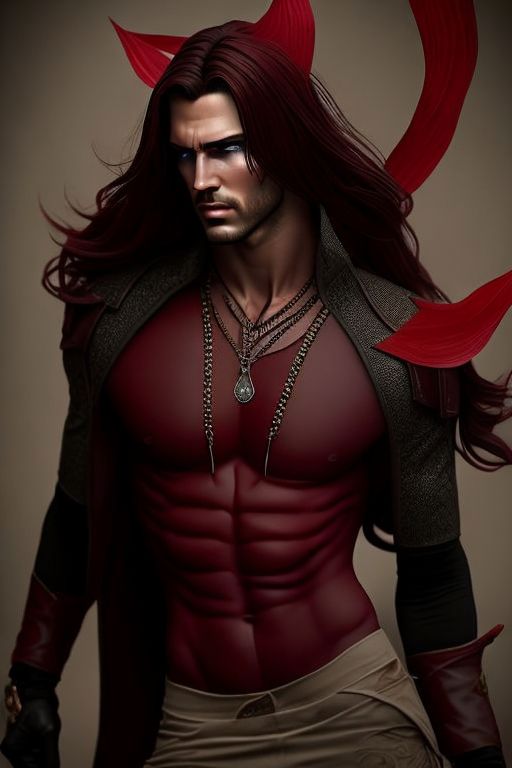 Desna: male, young man, handsome, long wavy black hair, {{maroon red ...