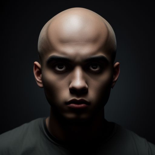 weepy-mule924: A closeup of a bald macrocephalic young man with a huge,  very square, cuboidal head, scared, with large wide-open eyes, wearing a  t-shirt.