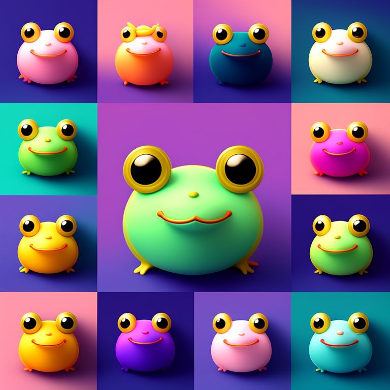 Vector illustration, Flat illustration, Illustration, set of 9 versions of the same cute minimalistic cartoon frog, 3 by 3 grid, each one with different elements such as glasses, hats, funny mask, color and aesthetic, gradient fill, simple doodle, defined edges, claymation, NFT collection, ultra high resolution, Trending on Artstation, Popular on Dribbble, Cozy wallpaper, Pastel colors