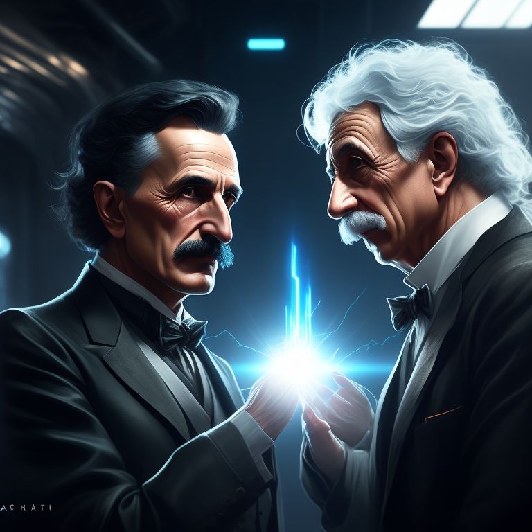 Nikola Tesla and Albert Einstein high-five each other., intense backlight, polished metallic surfaces, sci-fi gadgets, crisp lines, digital illustration by artgerm and greg rutkowski, Highly detailed, trending on artstation.