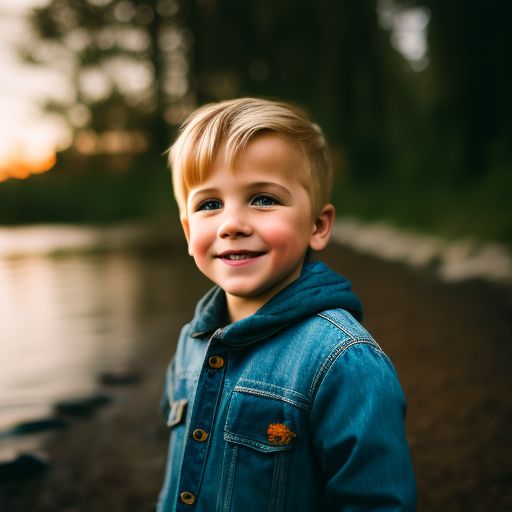 Gritty portrait, Culry hair 5 years old blonde boy with blue eyes smiling , looking into the distance, Retro, Polaroid, kodak gold portra, Unsplash, award winning photography, grain and noise