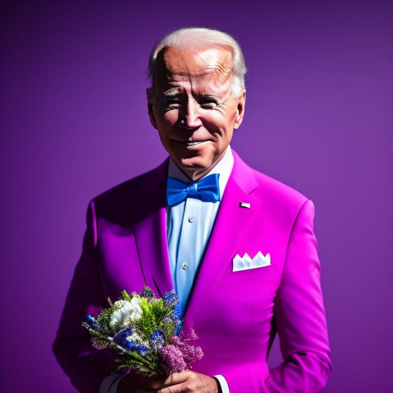 President Joe Biden dressed in a pink suit, bow tie and red sneakers, with a dreamy, otherworldly vibe, pink and blue lighting, creamy and smooth texture, Trending on Instagram, art by samantha lee and justine schofield and ami sueki, garnished with edible flowers and herbs.