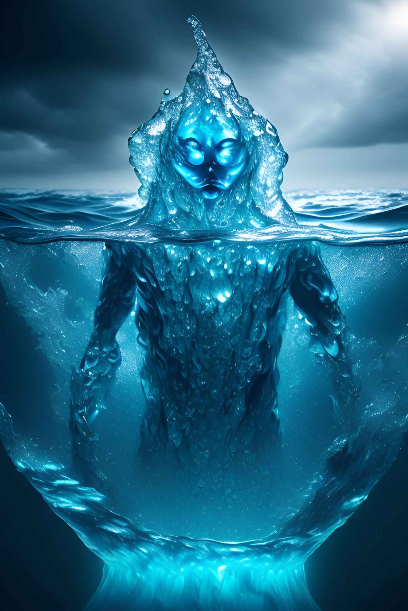 dnd water elemental, 12k resolution, Photo realistic, 35mm f1.8 zeiss lens, by irmgard karoline becker despradel, Studio lighting, high face detail, Depth of field, sony a7 iv, Cinematic, full body dnd water elemental. a creature that embodies the essence of crystal clear water, taking the form of a ((humanoid figure)) ((composed entirely of fluid)) with ((a face and sunken eyes)) emerging from the waves to fight a pirate ship. His elemental watery body is translucent, refracting light and creating a mesmerizing display of blues and dark blues. Droplets of water occasionally break free from its form. As it moves, the water elemental emits a soft, ambient glow., ultra-detailed, dramatic shot, ultra realism, immersive realism, realistic water effects, stormy sea background, Fantasy, Ethereal
