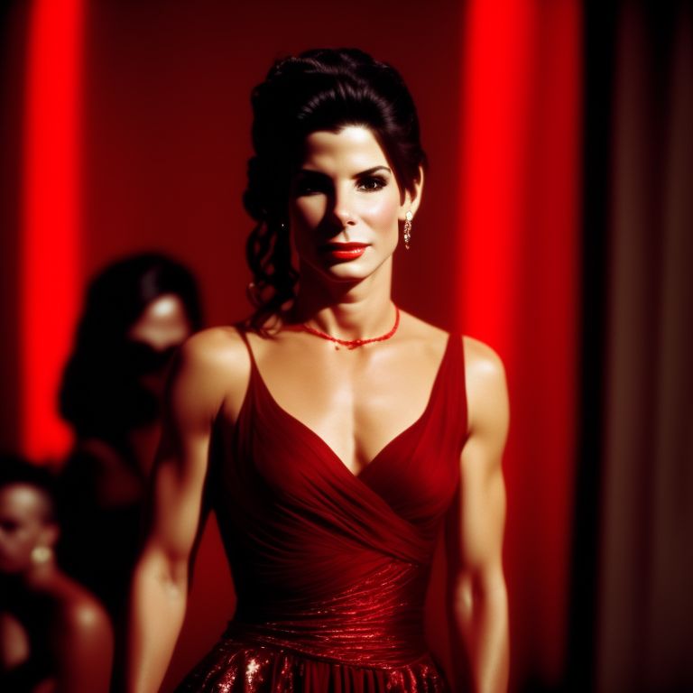 young beautiful sandra bullock as dangerous assassin wear tanktop red dress at party, french twist hairstyle, sharp eyes like wanting to kill the victim, full body
