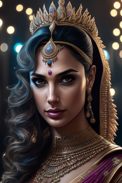 zesty-curlew578: gal gadot look like queen, detailed face, beautiful,  indian queen , upper body full, wear glamour indian queen dress, fit,  studio, smooth, hyper detailed