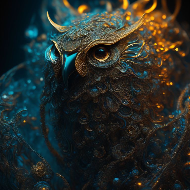 moral-turtle525: owl, blue sky, amazingly fluid, detailed, 3d fractals ...