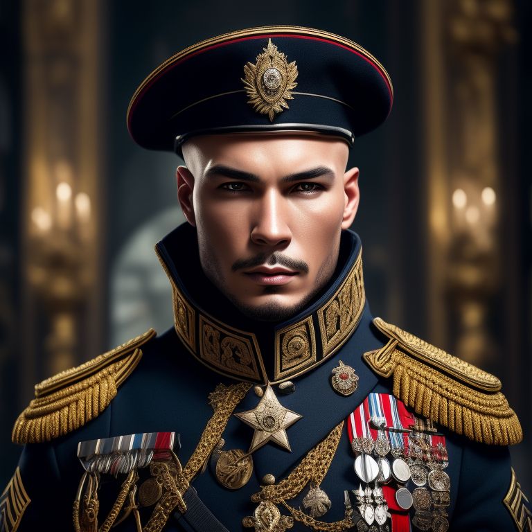 Regal pit bull in revolutionary french military outfit and hat facing left , standing in front of an ornate palace, Dramatic Lighting, Digital painting, Highly detailed, Sharp focus, art by artgerm and magali villeneuve, conceptual art, Intricate details, trending on artstation hq.