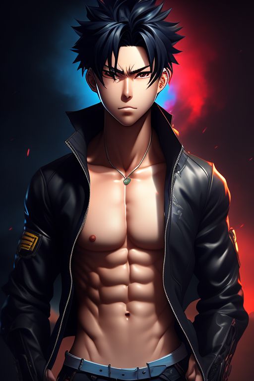 bleak-frog994: anime teenage male character in open jacket with muscles in  2d style