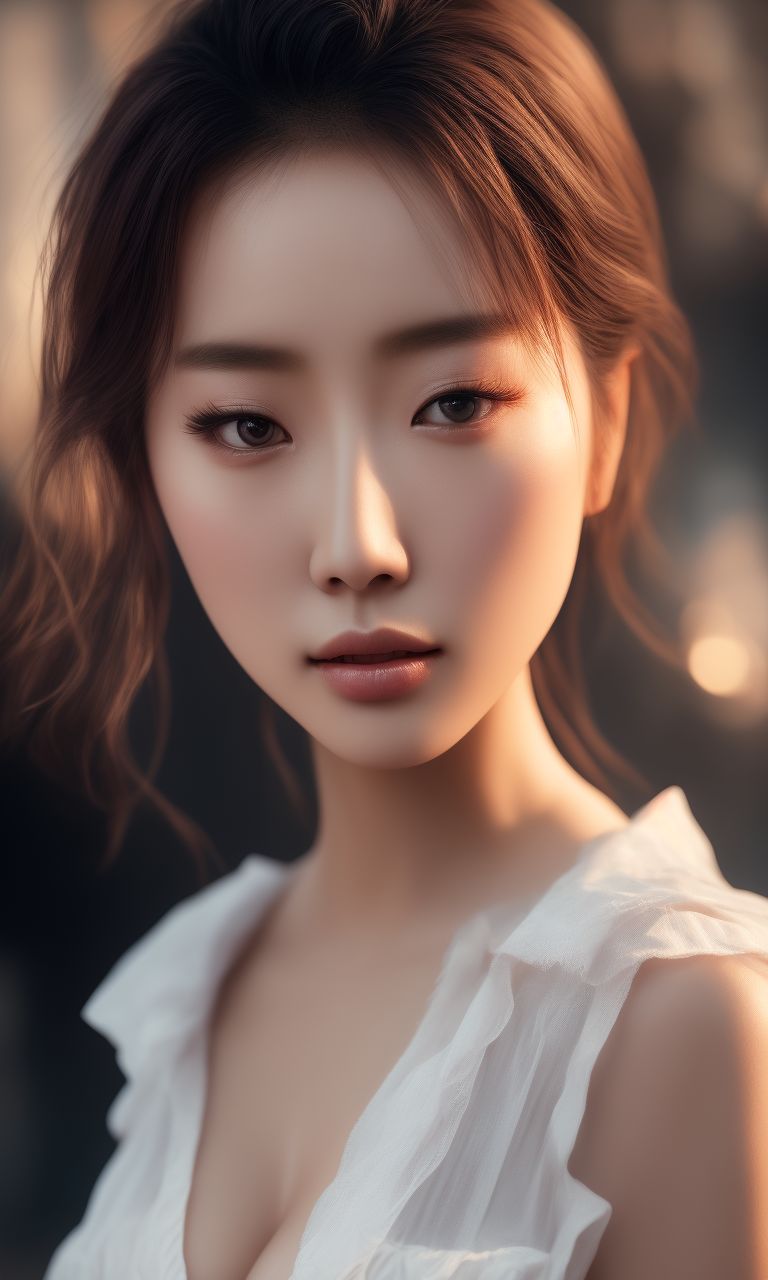 kudu_piring847: yang chao yue, stunningly beautiful woman, Light brown  hair, fan bingbing posing for a picture, transparent open white chiffon  shirt, messy light brown hair, large round hazel eyes, large breast,  cinematic