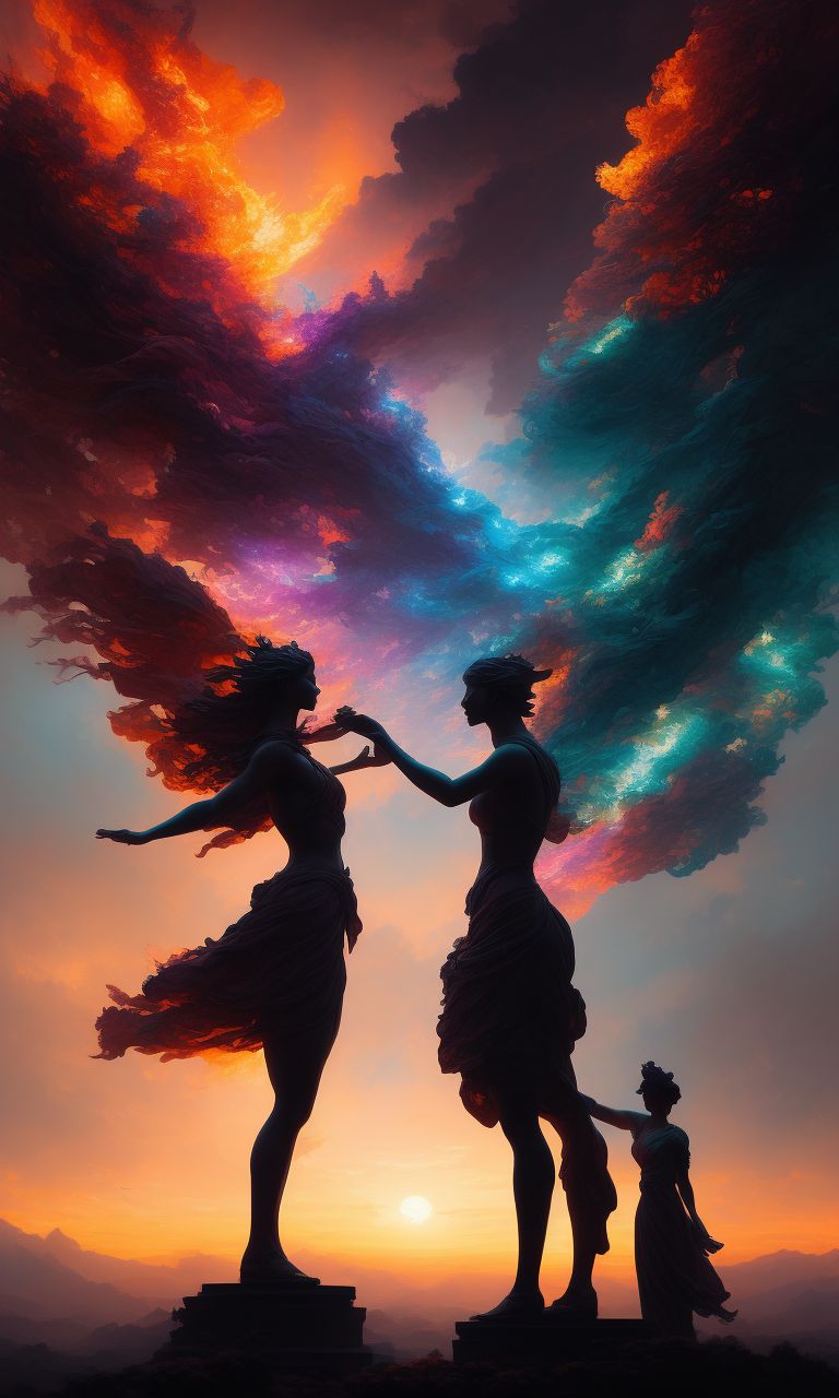 thick-pigeon152: statue of two dancing silhouette turns to dust between  mointa under skyscape