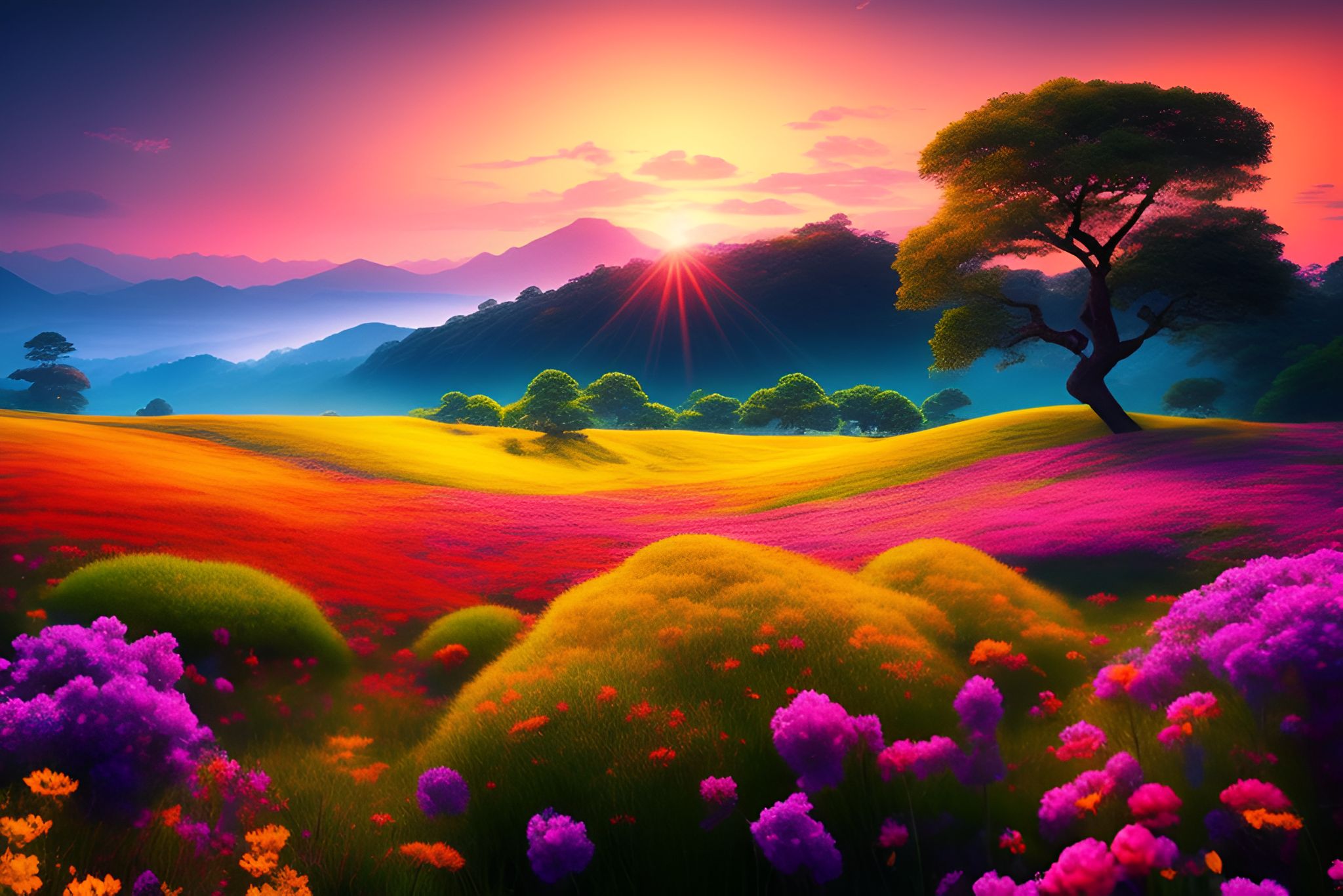 heathercooper: a beautiful meadow with colorful flowers and trees with ...