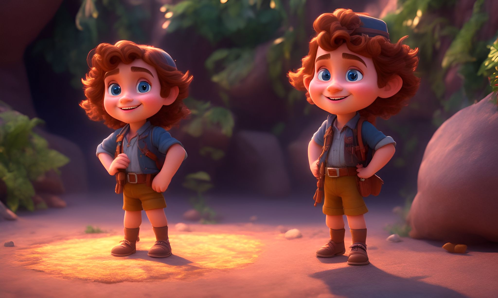 putrid-fox240: Ted is a young adventurer similar to Indiana Jones,  creative, and kind-hearted person with long, curly blonde hair, big eyes,  small nose, and a smiling mouth, standing centered in 3D style