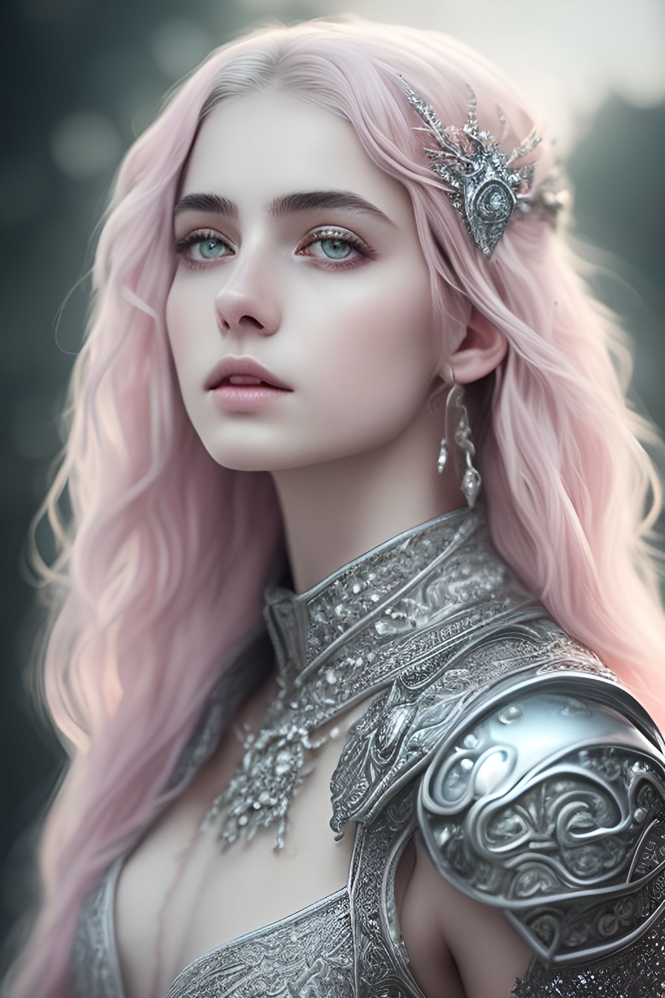 otherworldly silver color eyes, Wearing a white medieval dress under light silver armor with ornate feather details, photography taken by canon eos r5, stunning fullbody d&d character art, 
dynamic full body photograph of a beautiful celestial female aasimar with ((glossy straight hair, pink hair)) and ((otherworldly silver eyes)), wearing diamonds. ((She emits a gentle ethereal glow))., wears very look good outfit, standing, Detailed face, beautiful eyes and hair, flawless bright skin, soft makeup and draw thin eyebrows, Human-like eyes, good anatomy, Perfect white balance, Sun lighting, rim lighting uhd, (art by norman rockwell), prime photography, smooth crisp line quality, Backlit, starry sky background, Fantasy, 16K, High resolution, Highly detailed, Intricate details, Trending on artststation, Ethereal, Gritty