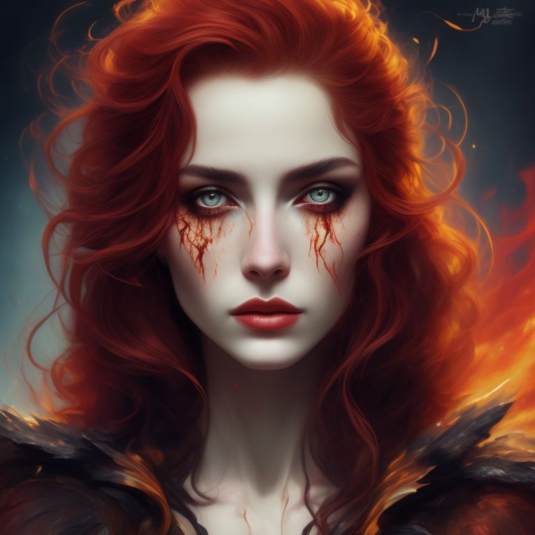 sweet-mink58: a dark realistic image of a red-haired angry witch with ...