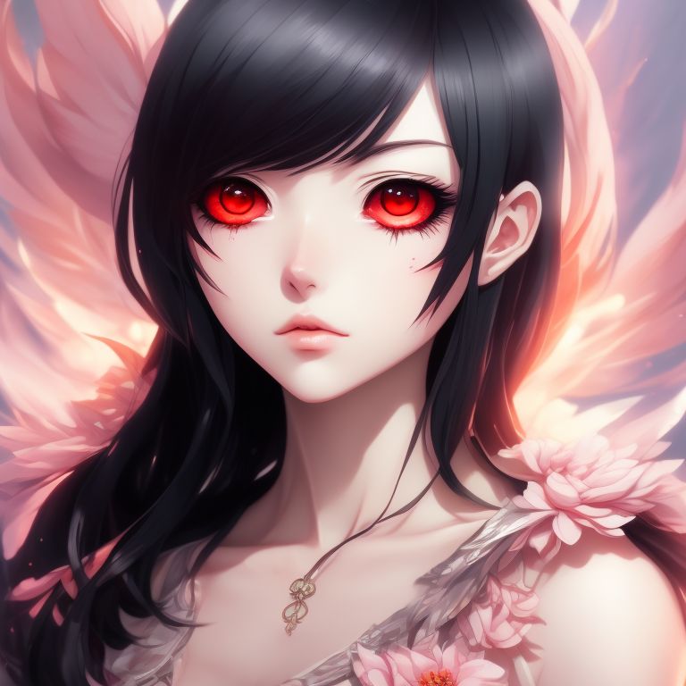 demon anime girl with black hair and red eyes and wings