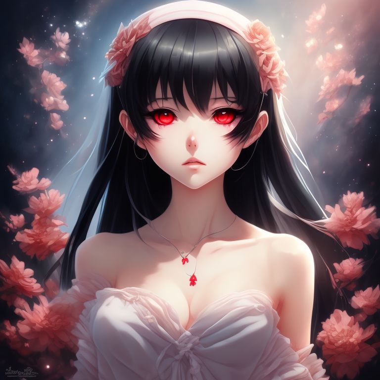 anime girl with long black hair and red eyes