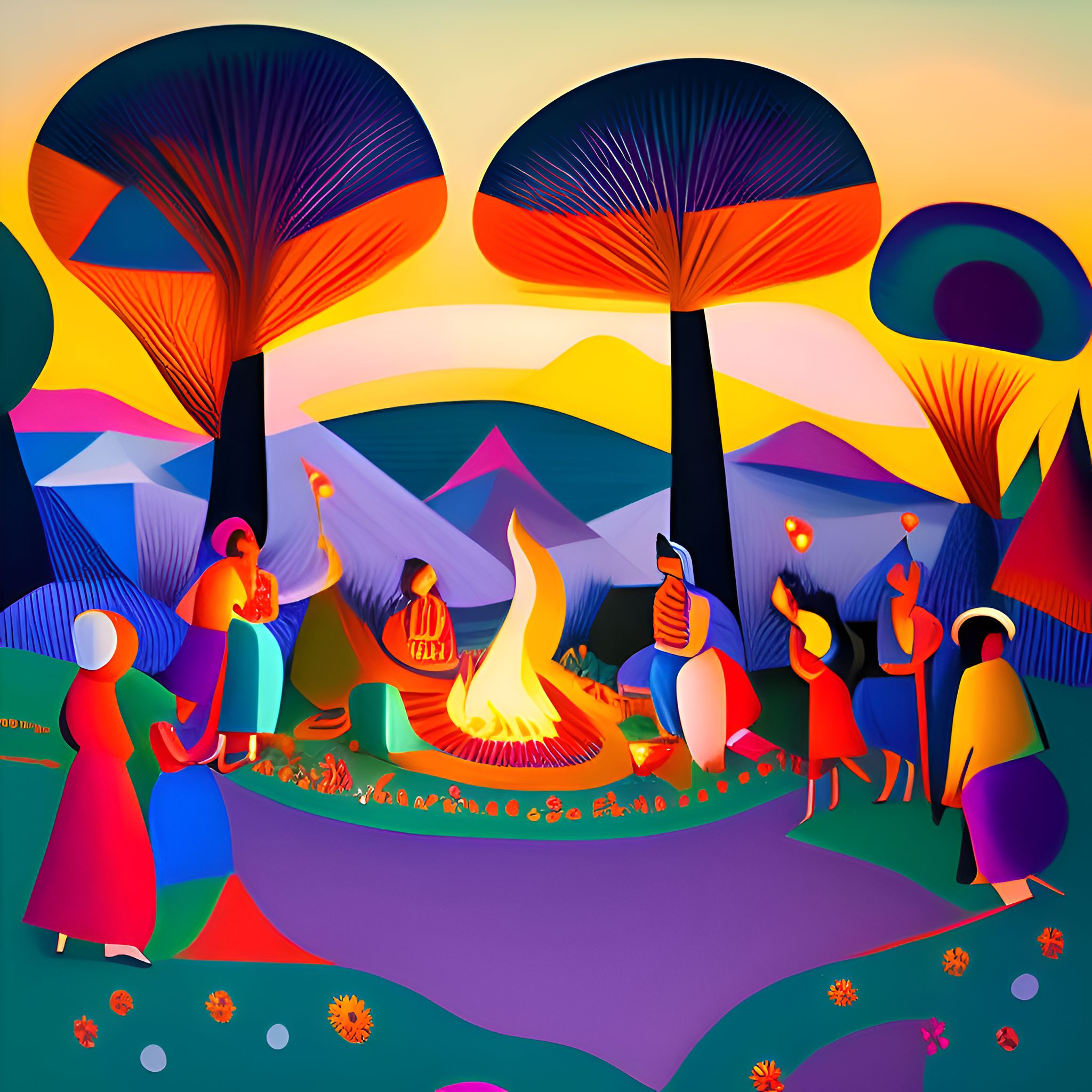 surrounded by joyful music and laughter, a warm, cozy bonfire illuminates their faces while towering douglas firs sway in the background, a strong sense of community is felt amongst them, creating a happy and peaceful atmosphere, a snack table nearby overflows with burritos, bright vegetables, and chips, tempting them to take a break from dancing., 2d vector illustration, dancing on the beach. music and laughter fills the air. joyful bonfire. the trees look like douglas firs. there is a strong sense of community. happy and peaceful. there is a snack table with burritos and bright vegetables and chips., digital lavender, luscious red, pablo picasso style