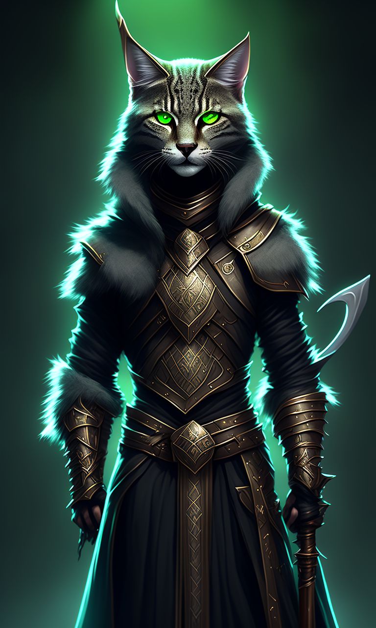 flawed-cat575: slender tabaxi with lether armor gray fur green eyes and ...