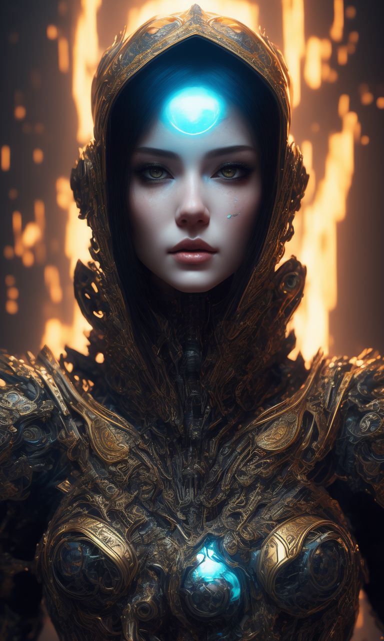 slight-viper188: show a beauty face of an intricate girl exoskeleton, white  mate & gold futurristic armor, pale skins, random pose, glowing vein, big  breast, cyberpunk light, juicy, tron, 3d, Splash art, front,