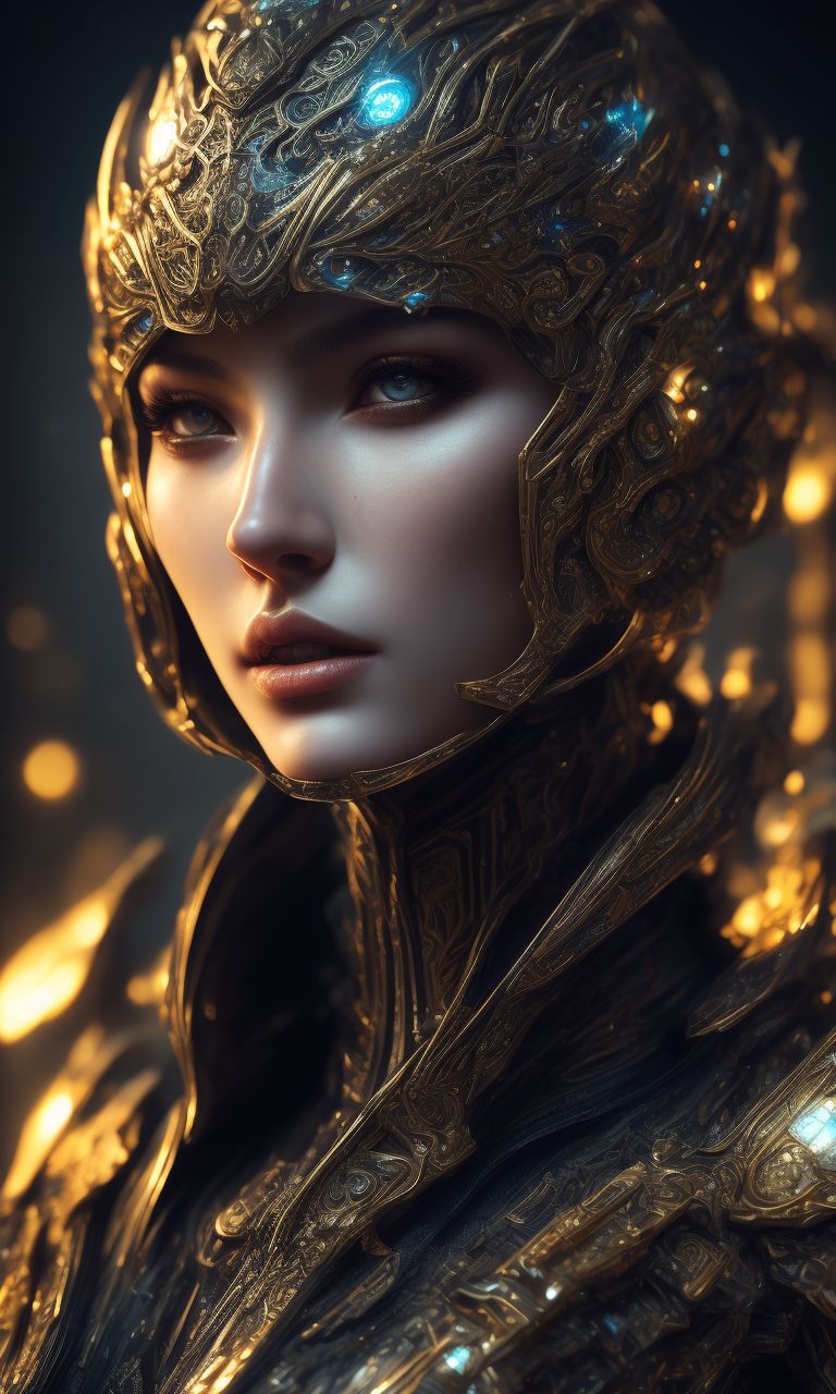 slight-viper188: show a beauty face of an simple girl exoskeleton, white  mate & gold futurristic armor, pale skins, fight pose, glowing vein, big  breast, cyberpunk light, juicy, tron, 3d, Splash art, front,