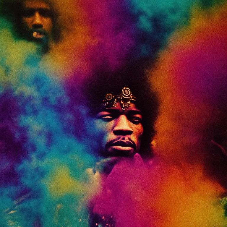 music concert 1970, Peaceful, Vibrant, Colorful, bohemian, Vintage, Retro, Grainy texture, Iconic, close-up shot, floral headbands, platform shoes, tie-dye, jimi hendrix, janis joplin, the who, heavily attended, bygone era, Classic, rock n roll aesthetic, Film grain, concept art.