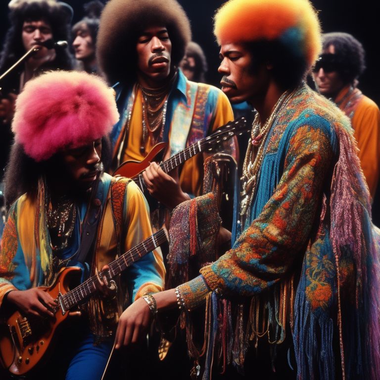 music concert 1970, Peaceful, Vibrant, Colorful, bohemian, Vintage, Retro, Grainy texture, Iconic, close-up shot, floral headbands, platform shoes, tie-dye, jimi hendrix, janis joplin, the who, heavily attended, bygone era, Classic, rock n roll aesthetic, Film grain, concept art.