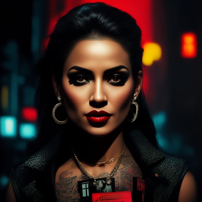 Prompt Cash, confident woman holding a stack of cash, dressed in all black with a red lipstick and earrings, against a dark and gritty city backdrop, with neon lights illuminating her face, Highly detailed, Intricate, and moody, art by banksy, Shepard Fairey, blek le rat, and os gemeos, Digital painting, Sharp focus, trending on artstation.