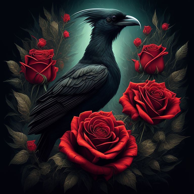 green-jackal41: A black raven sitting amongst a red rose garden