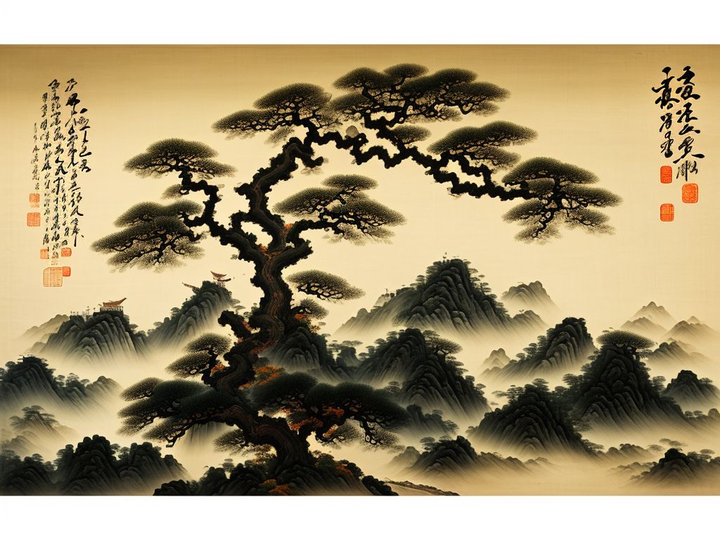 neat-snail671: An oldest oak tree with intricate branches painted on an  ancient yellowish parchment in the traditional chinese painting guóhuà  style, popular on artstation, centered, far mountains in background.