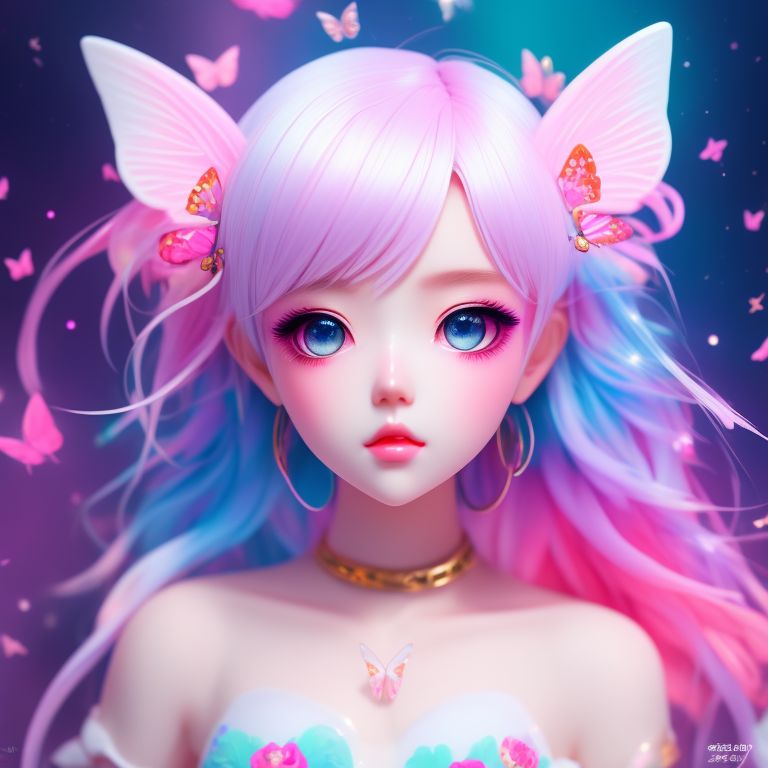 writhing-mule13: Pretty doll girl, white bob hair, soft pastel pink eyes,  butterflies