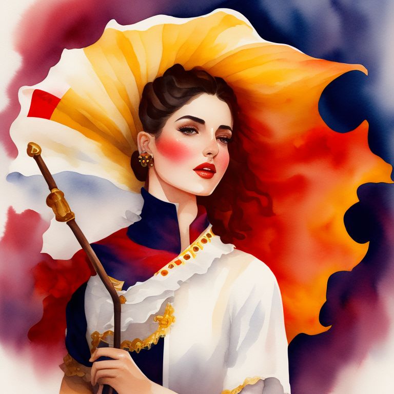 Delicate watercolor illustration, Bullfighter,
SPANISH FLAG,
Sangria,
Spanish Fan,, Warm color palette, Pastel colors, White background, Cozy