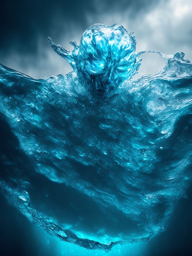 dnd water elemental, 12k resolution, Photo realistic, 35mm f1.8 zeiss lens, by irmgard karoline becker despradel, Studio lighting, high face detail, Depth of field, sony a7 iv, Cinematic, full body dnd water elemental. a creature that embodies the essence of crystal clear water, taking the form of a ((humanoid figure)) ((composed entirely of fluid)) with ((a face and sunken eyes)) emerging from the waves to fight a pirate ship. His elemental watery body is translucent, refracting light and creating a mesmerizing display of blues and dark blues. Droplets of water occasionally break free from its form. As it moves, the water elemental emits a soft, ambient glow., ultra-detailed, dramatic shot, ultra realism, immersive realism, realistic water effects, stormy sea background, Fantasy, Ethereal