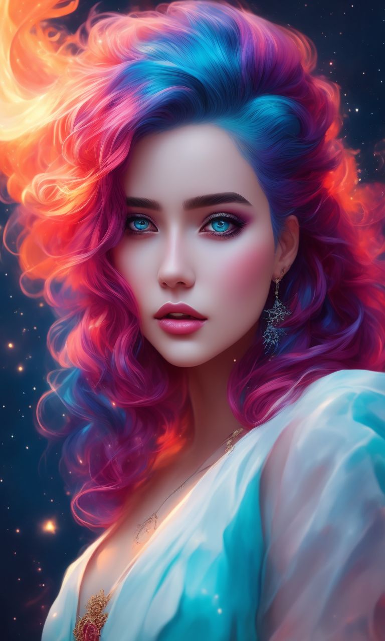 Azura: gorgeous girl, vibrant saturated sky blue hair and magenta hair, long  hair, dressed with a grecian white fabric dress, in the background stars  and orange flames