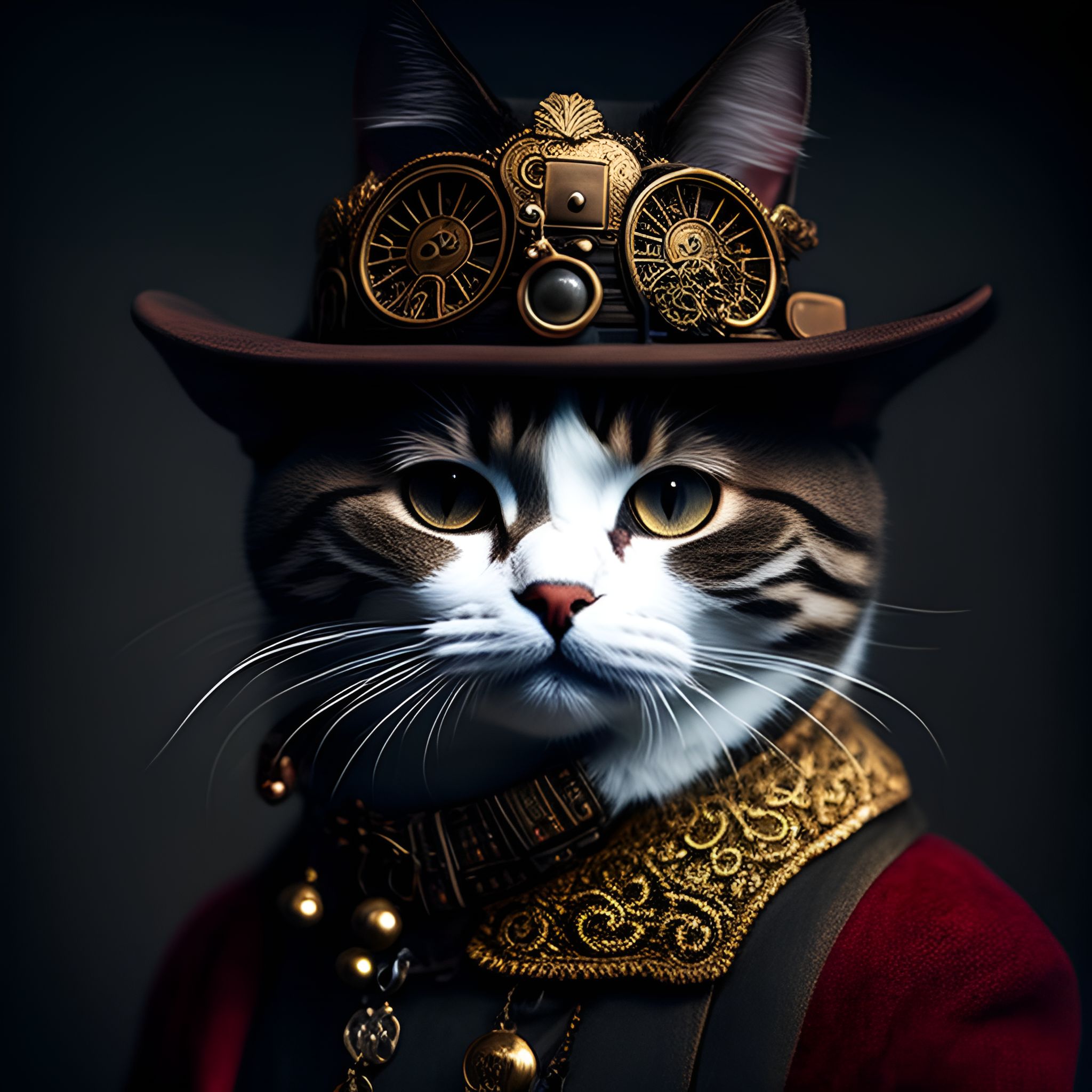 SuperHumanEpoch: a cat wearing an ornate vest and a hat with trinkets ...