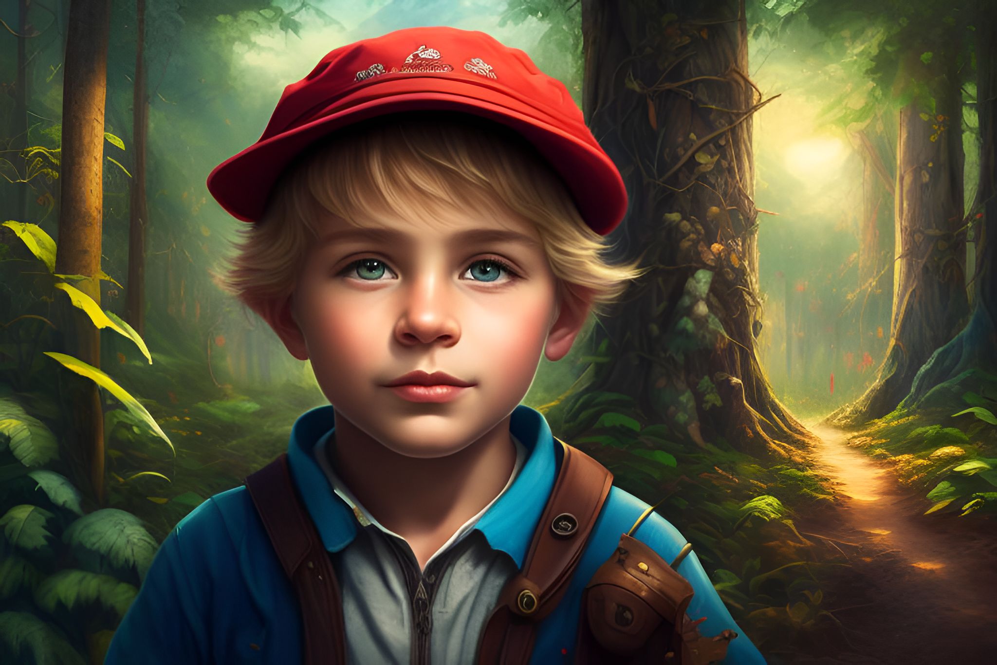 illustrations, such as hand-drawn drawings, with vivid colors and charming details. António is a 10 year old boy, with blond hair and light brown eyes, who wears a blue cap and a red t-shirt, brown shorts and brown boots, cheerful and adventurous.  And also other children. The setting is a forest , Surrealism art, Realism, Ultra realism, Ultra detailed , Fantasy, Fantasy art, magic realism
