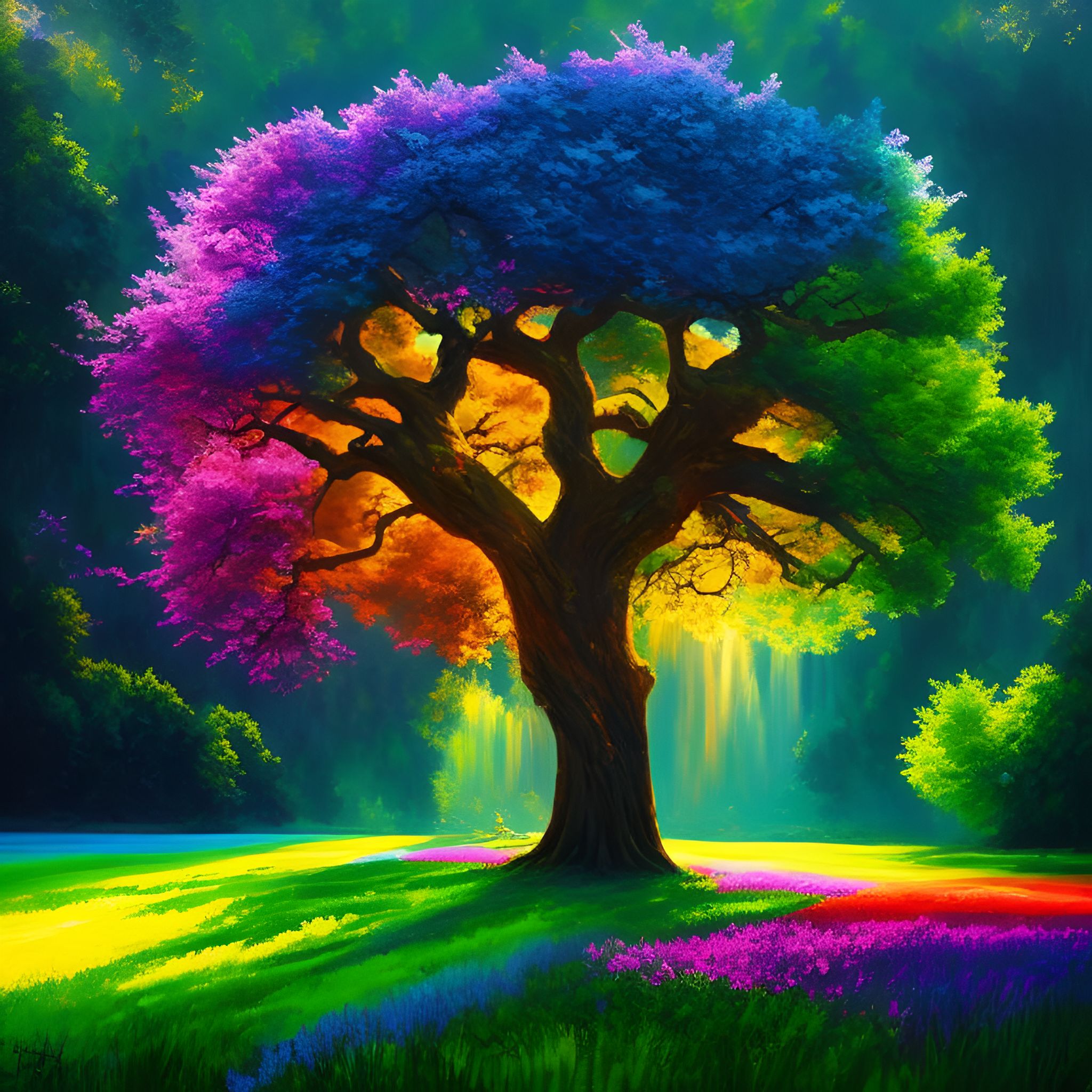 dark-manatee423: In a verdant meadow stands an imposing tree boasting ...
