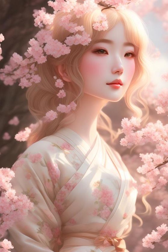 Kimono Catalog Girl: Sepia, against a backdrop of cherry blossom trees, Delicate, Pastel colors, Soft Lighting, traditional japanese style, fashion illustration, Intricate, Highly detailed, Art by lois van baarle and artgerm, Trending on Artstation, digital painting.