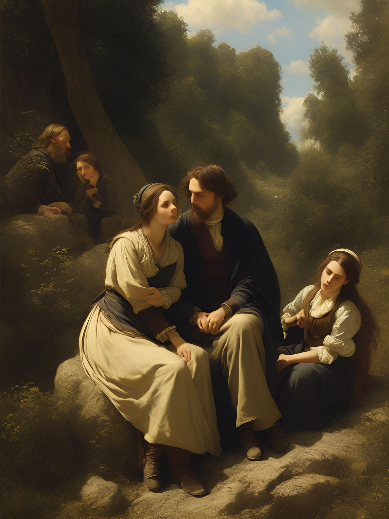 rosyrail571 a painting of two people sitting on a rock