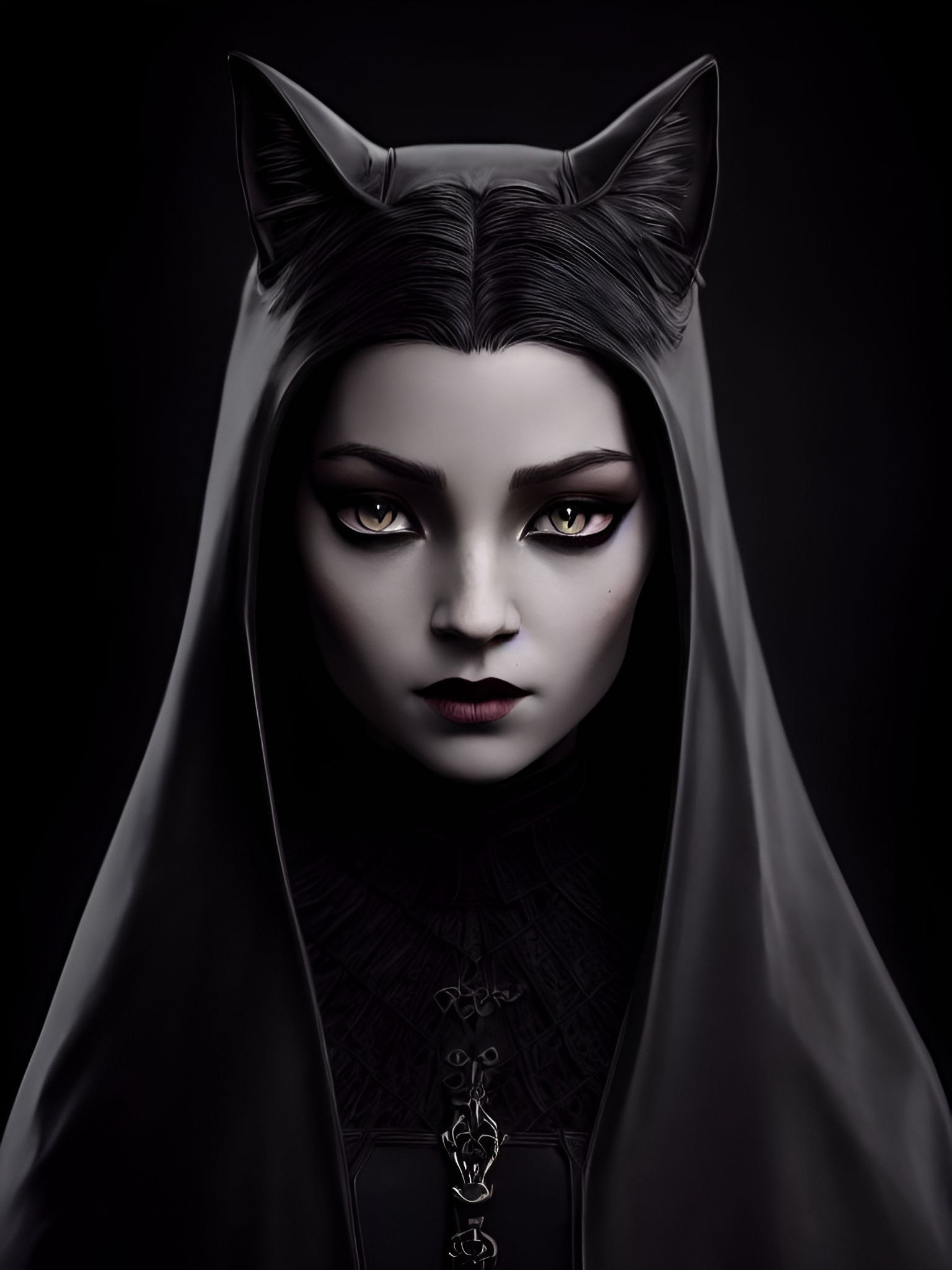 Anthropomorphic, Beautiful and highly detailed photorealistic character portrait of a Wednesday Addams as a young tabaxi humanoid woman with black fur all over her face and body, wearing a black cloak and a hood trimmed with silver, subject is a cat person with black fur and a jaguar face
wearing a black gothic style dress, character is a cat person with black fur , warm vibrant color tone, 16mm film quality of with film grain, UHD, perfect white balance, Alberto, Canon EOS R6, Prime lens photography, perfectly balanced dim lighting, Real human skin, White balance, Sharp details