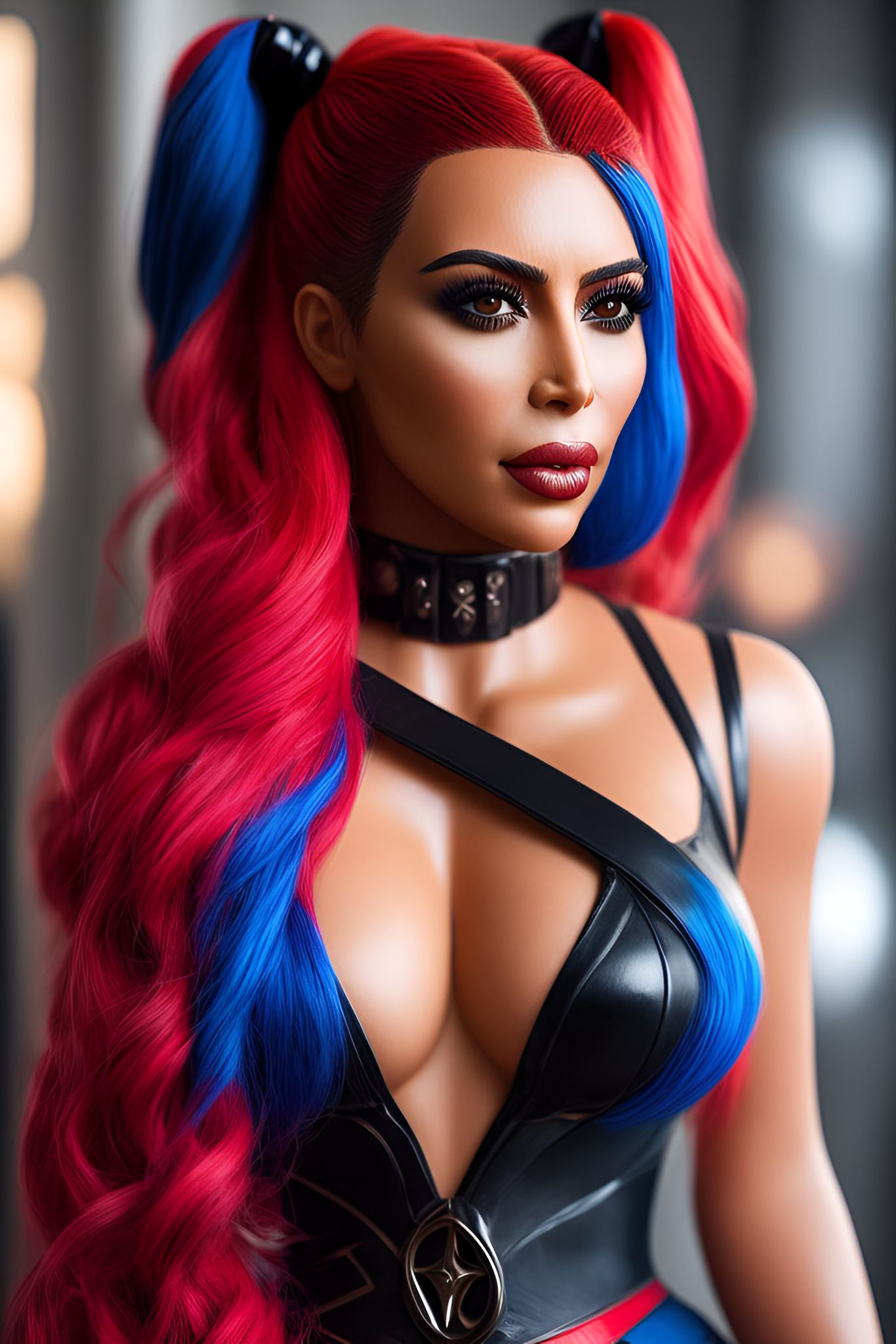 Naglauamorda: Kim Kardashian as Harley Quinn, red and blue hair, strands,  hourglass figure, full body