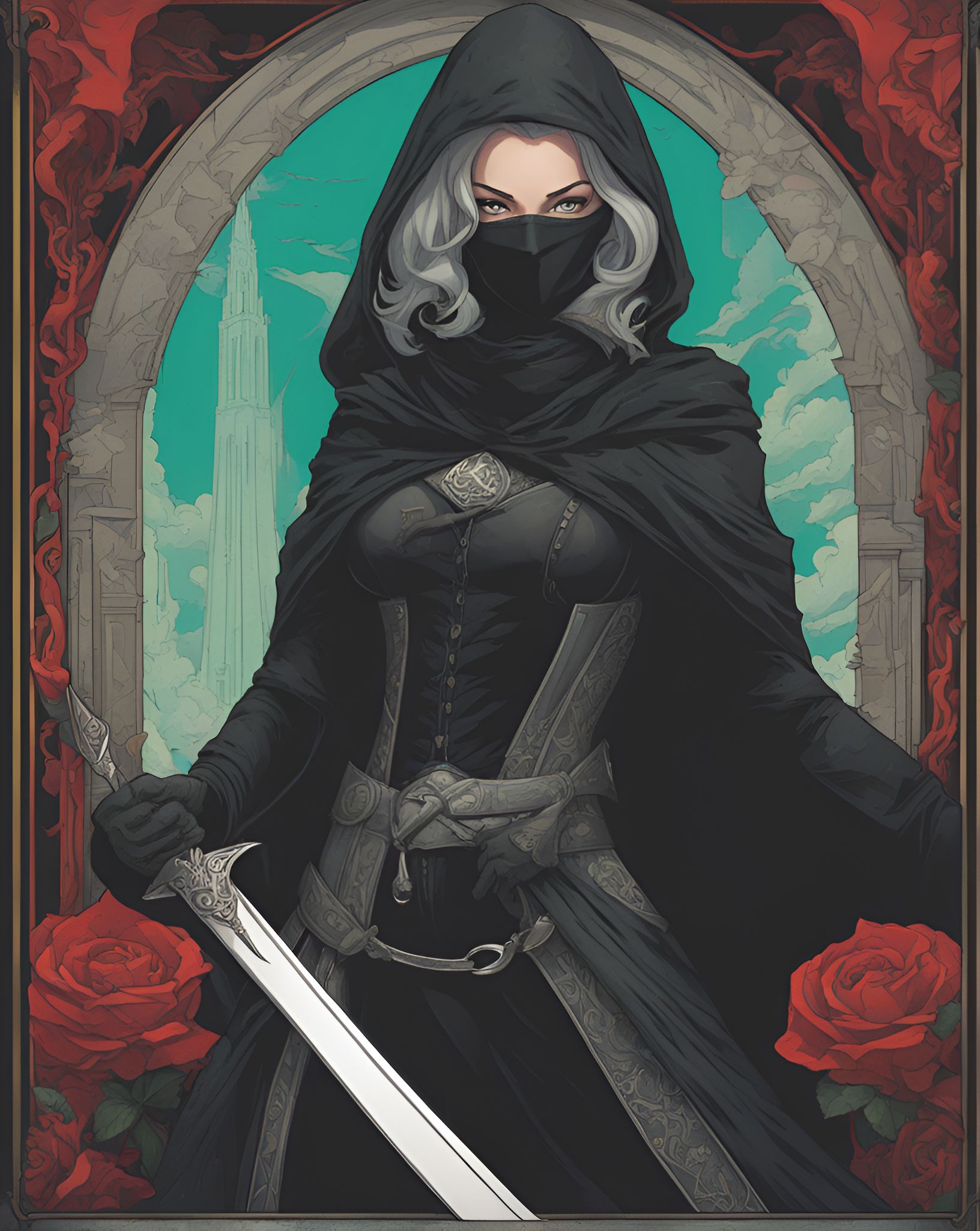 SilverEvermoore: masked female rogue holding a dagger in each hand ...