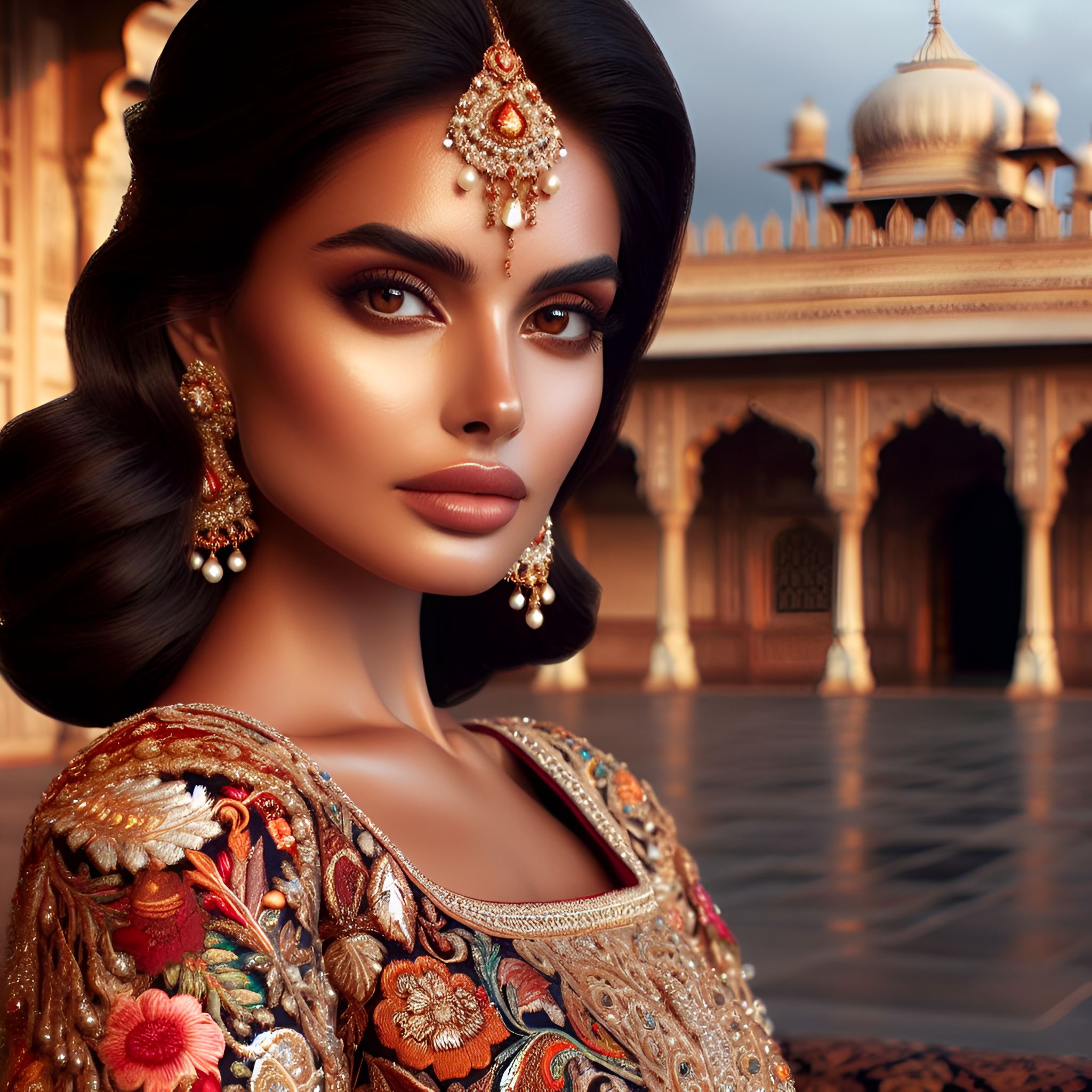 Foul-Rabbit: beautiful regal Indian lady with dark hair, golden brown eyes,  milk chocolate skin, dressed in a traditional Indian bridal dress