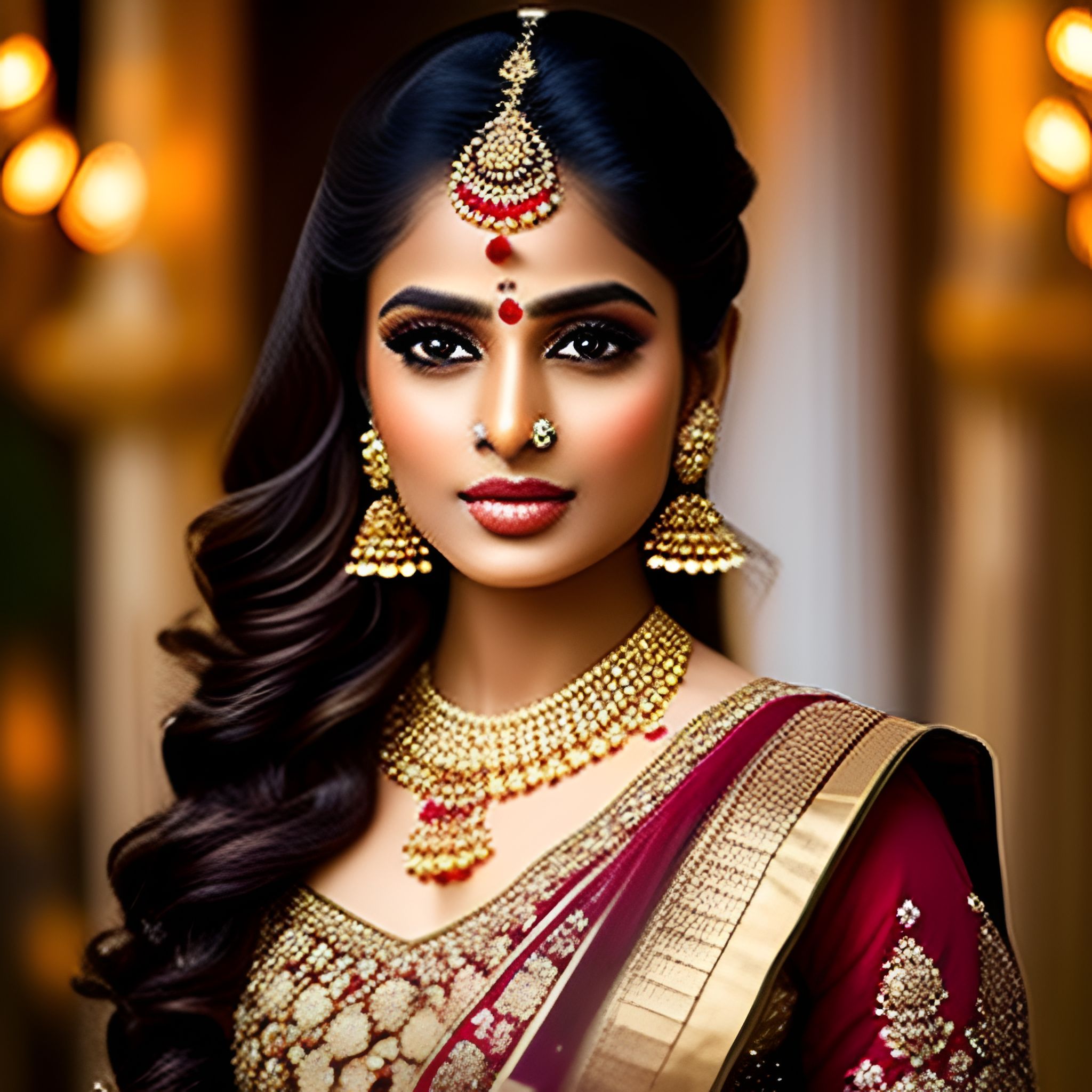 Foul-Rabbit: beautiful regal Indian lady with dark hair, golden brown eyes,  milk chocolate skin, dressed in a traditional Indian bridal dress