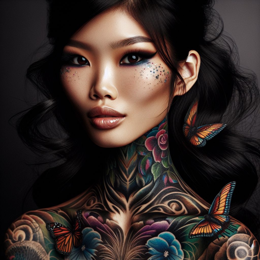 Foul-Rabbit-2: beautiful young Asian woman with intricate tattoos with long  swirling black hair with blonde highlights, upper torso portrait, colorful  tattoos, vivid rich colors, Intricate detail, tiny colorful hummingbirds,  multicolor butterflies