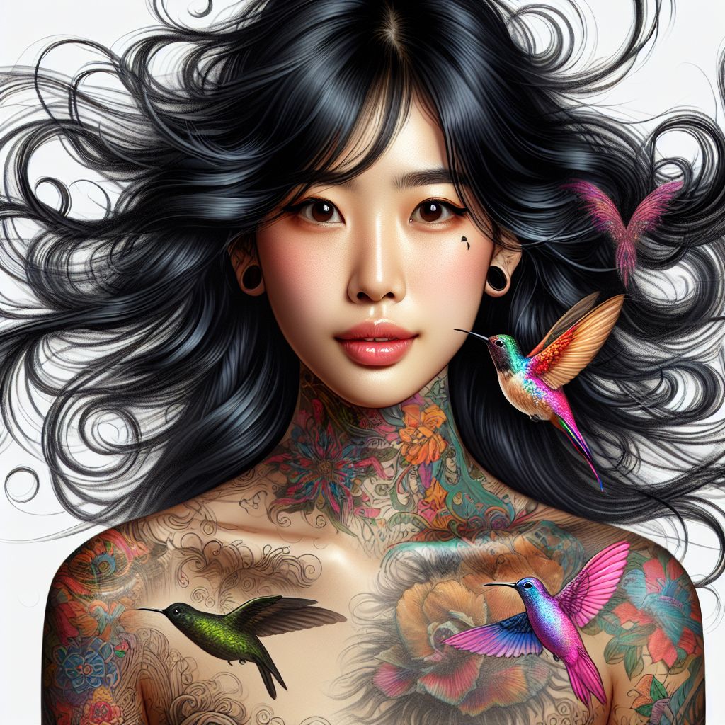 Foul-Rabbit: illustration (((by Android Jones))) of a beautiful young Asian  woman with intricate tattoos with long swirling black hair with blonde  highlights, upper torso portrait, colorful tattoos, vivid rich colors,  Intricate detail,