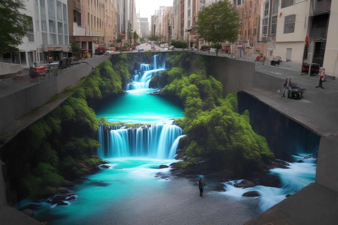 waterfall Anamorphic street
, 3d anamorphic painting, 3D anamorphic art, surfaces, including walls and floors., acclaimed artist, three-dimensional when viewed from a certain perspective, Artist by Tracy Lee Stum, street art installations