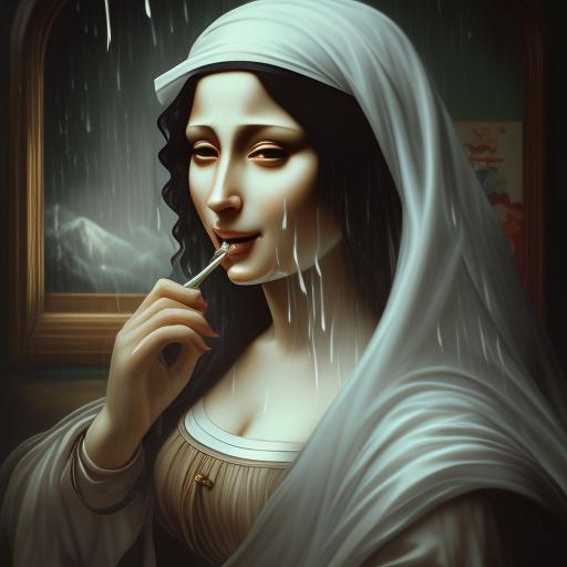 moral-turtle525: Caricature of Mona Lisa, brushing her teeth, lots of white  foam in her mouth, some white drops falling on her classic outfit , unreal  engine, cozy indoor lighting, artstation, detailed, digital