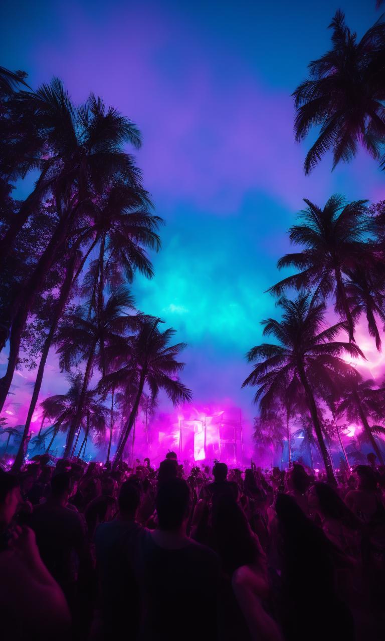 A lively music festival with dancers and dj on stage at a beautiful, sunny, vibrant waterfront surrounded by palm trees referencing Vinoy Park located in Saint Petersburg, Florida in tones of green and purple , Dystopian Alice in Wonderland, Forests and jungles, Smoke aura, Smoke grenade, Glowing neon sign, Tropical floral style, Tropical composition design, Portraithelper, Detailed face, Detailed, Realistic, Cinematic, low-angle shot, Smooth lines and sharp focus, Vaporwave aesthetics, Neon-lit